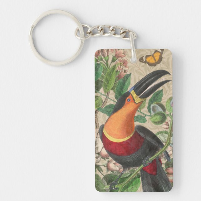 Vintage Toucan Botanical Collage William Morris Keychain (Front)