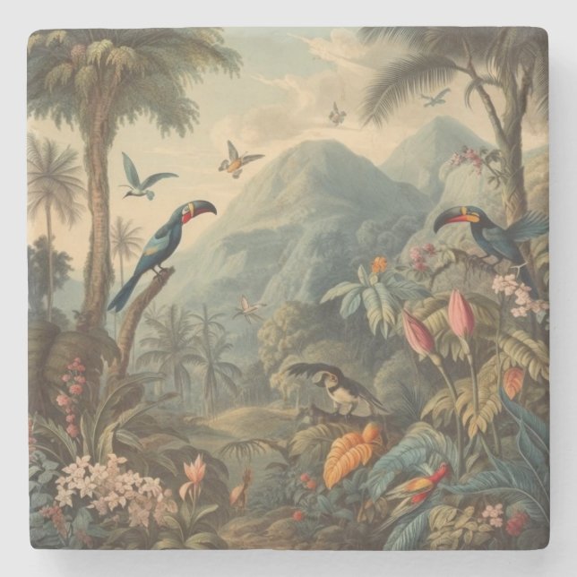 Vintage Toucan Tropical Jungle Botanical Painting Stone Coaster (Front)