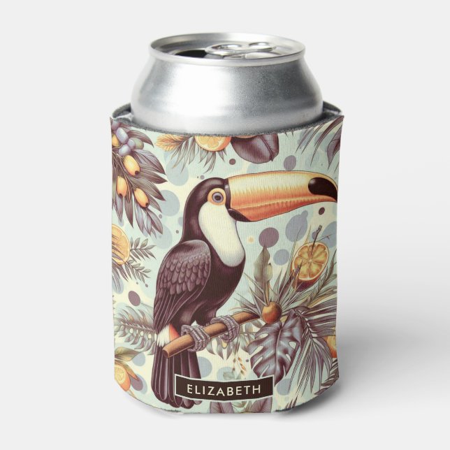 Vintage Toucan Tropical Pattern Can Cooler (Can Front)
