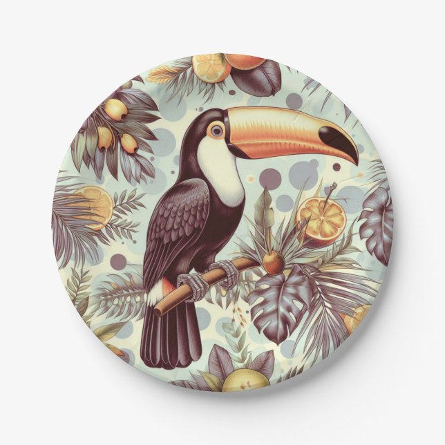 Vintage Toucan Tropical Pattern Paper Plates (Front)