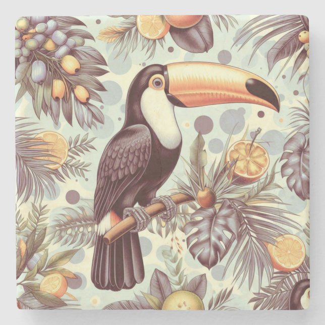 Vintage Toucan Tropical Pattern Stone Coaster (Front)