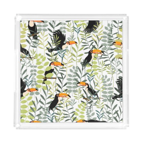 Vintage Toucans Green Leaves Pattern Acrylic Tray