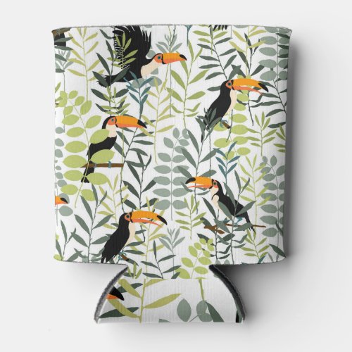 Vintage Toucans Green Leaves Pattern Can Cooler