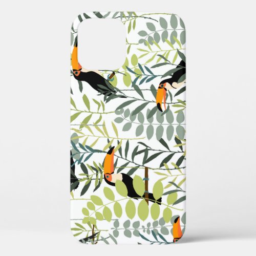 Vintage Toucans Green Leaves Pattern iPhone 12 Case