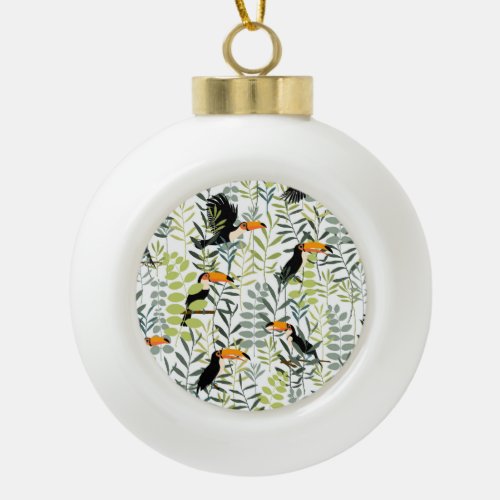Vintage Toucans Green Leaves Pattern Ceramic Ball Christmas Ornament