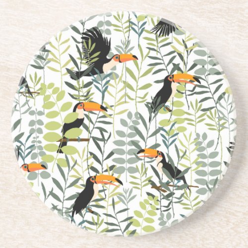 Vintage Toucans Green Leaves Pattern Coaster