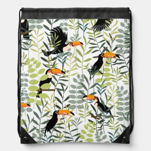 Vintage Toucans Green Leaves Pattern Drawstring Bag