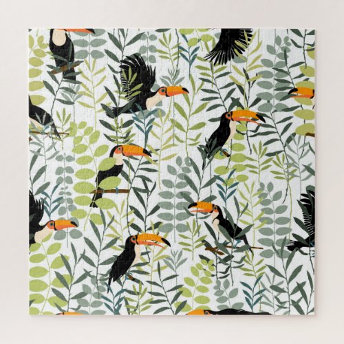 Vintage Toucans Green Leaves Pattern Jigsaw Puzzle
