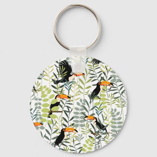 Vintage Toucans Green Leaves Pattern Keychain