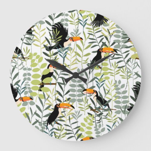 Vintage Toucans Green Leaves Pattern Large Clock