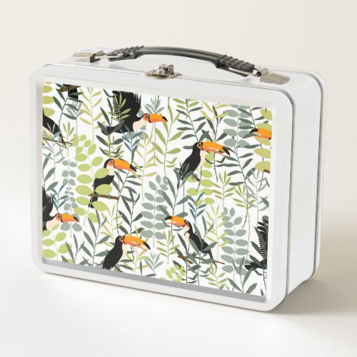 Vintage Toucans Green Leaves Pattern Metal Lunch Box
