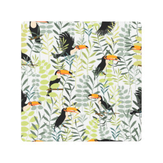 Vintage Toucans Green Leaves Pattern Metal Print