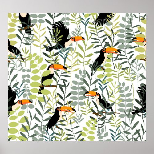 Vintage Toucans Green Leaves Pattern Poster