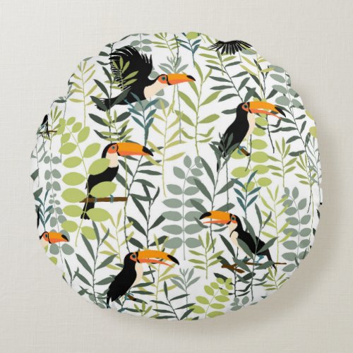 Vintage Toucans Green Leaves Pattern Round Pillow