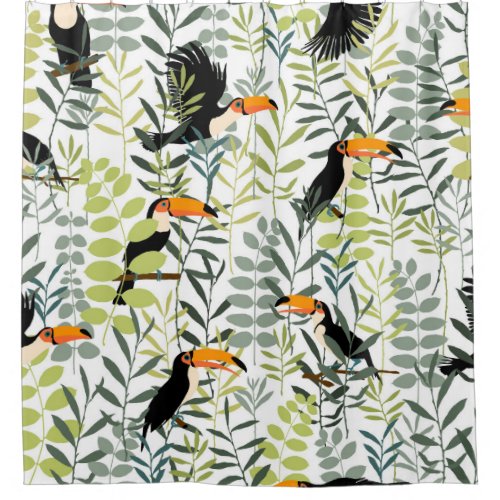 Vintage Toucans Green Leaves Pattern Shower Curtain