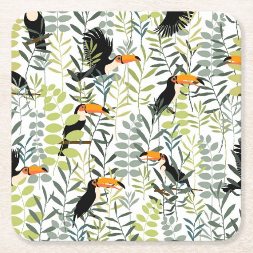 Vintage Toucans Green Leaves Pattern Square Paper Coaster