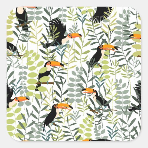 Vintage Toucans Green Leaves Pattern Square Sticker