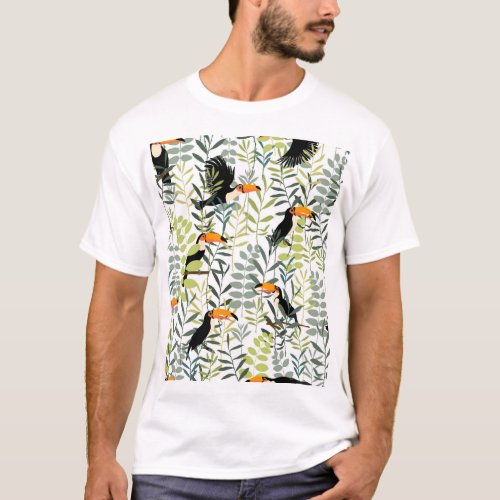 Vintage Toucans Green Leaves Pattern T_Shirt