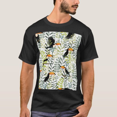 Vintage Toucans Green Leaves Pattern T_Shirt