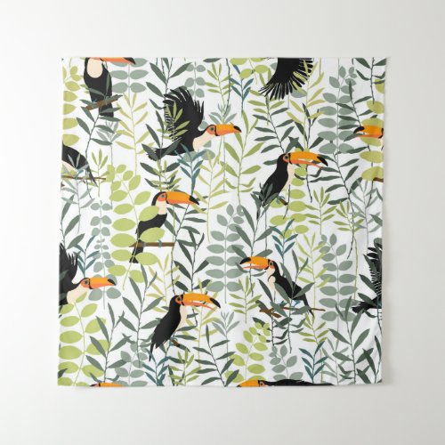 Vintage Toucans Green Leaves Pattern Tapestry