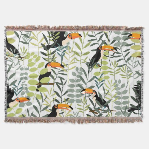 Vintage Toucans Green Leaves Pattern Throw Blanket