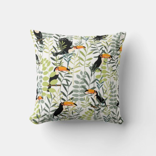 Vintage Toucans Green Leaves Pattern Throw Pillow