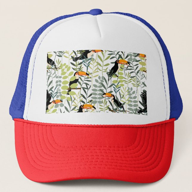 Vintage Toucans Green Leaves Pattern Trucker Hat (Front)