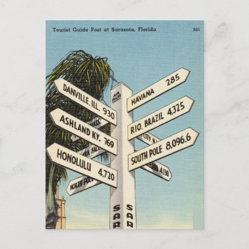 Vintage Tourist Guide Post Sarasota Florida Beach Postcard