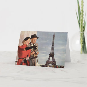 Vintage Tourists at Eiffel Tower, Paris Vacation Card