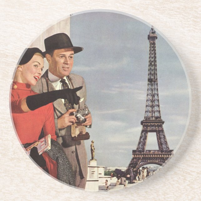 Vintage Tourists at Eiffel Tower, Paris Vacation Coaster (Front)