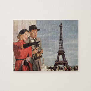 Vintage Tourists at Eiffel Tower, Paris Vacation Jigsaw Puzzle