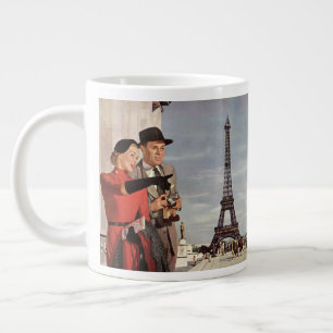 Vintage Tourists at Eiffel Tower, Paris Vacation Large Coffee Mug