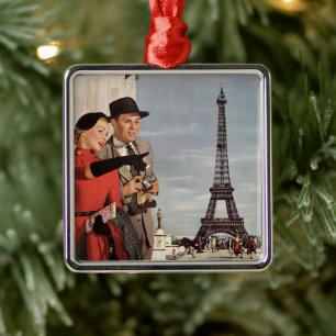 Vintage Tourists at Eiffel Tower, Paris Vacation Metal Ornament