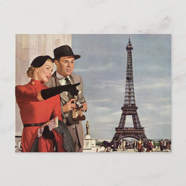 Vintage Tourists at Eiffel Tower, Paris Vacation Postcard (Front)