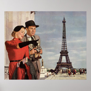 Vintage Tourists at Eiffel Tower, Paris Vacation Poster