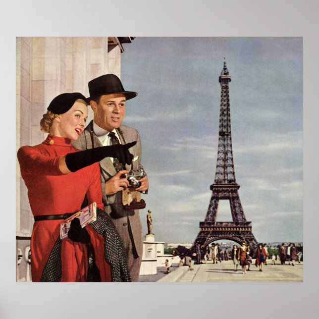Vintage Tourists at Eiffel Tower, Paris Vacation Poster (Front)