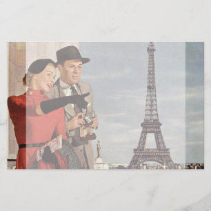 Vintage Tourists at Eiffel Tower, Paris Vacation Stationery
