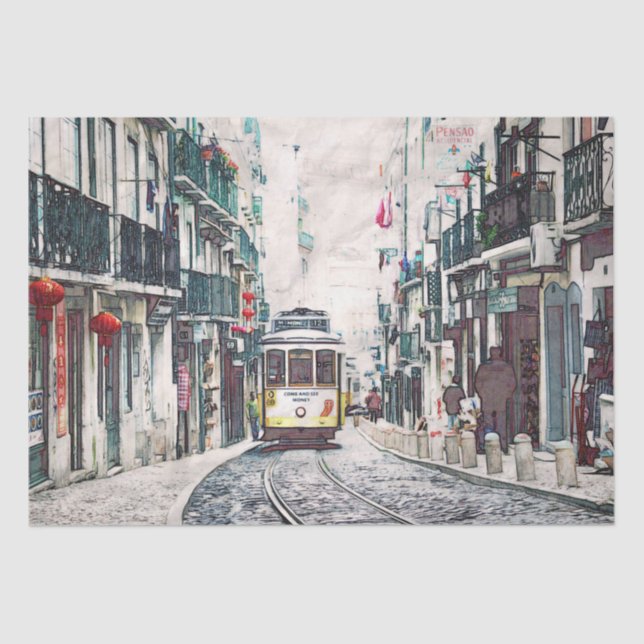 Vintage Town Trolly Car Decoupage Tissue Paper (Front)