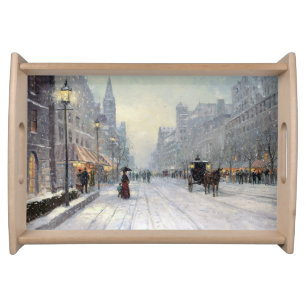 Vintage Town Winter Christmas Promenade landscape Serving Tray