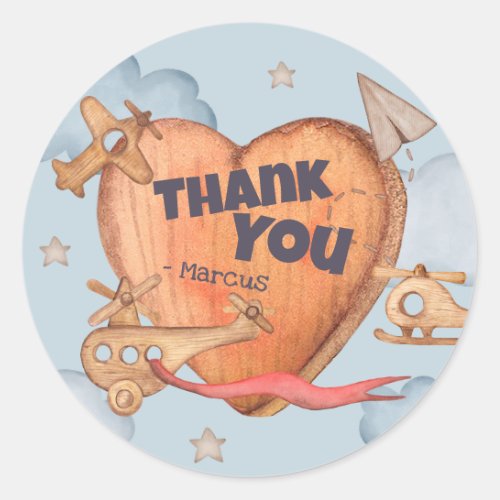 Vintage Toy Airplane Blue Thank You Classic Round Sticker