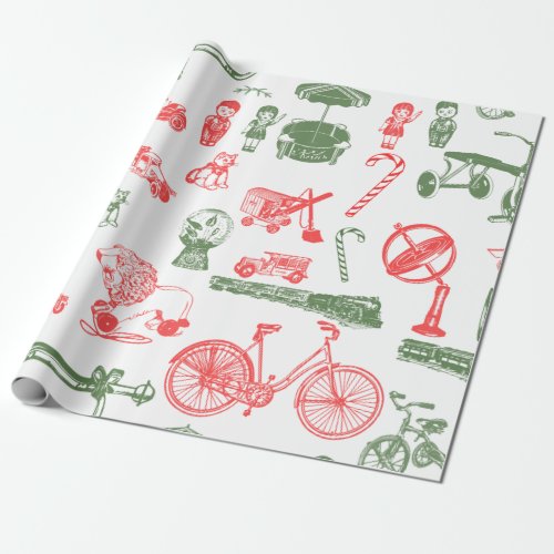 Vintage Toy Christmas Gifts Red Green White Wrapping Paper