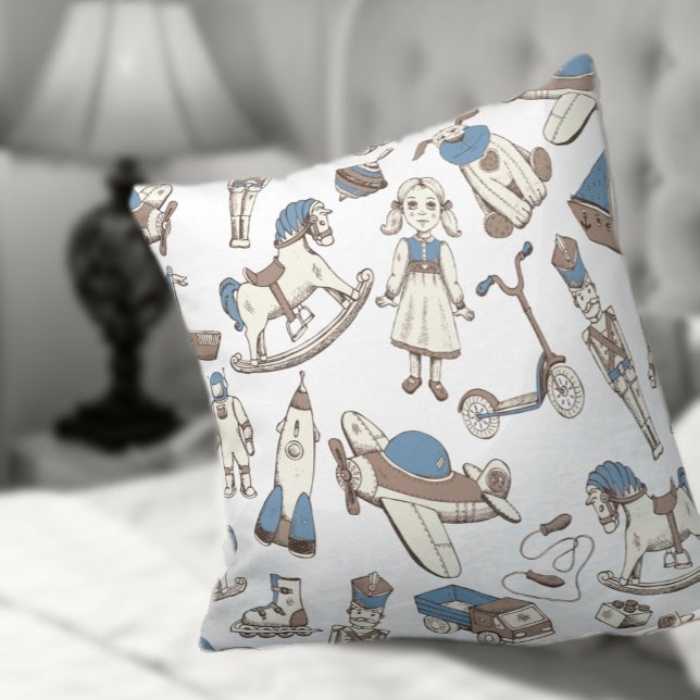 Vintage Toy Pattern Blue/Brown ID783 Throw Pillow (Creator Uploaded)
