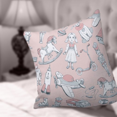 Vintage Toy Pattern PinkGray ID783 Throw Pillow
