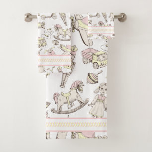 Vintage Toy Pattern Pink/Yellow ID783 Bath Towel Set