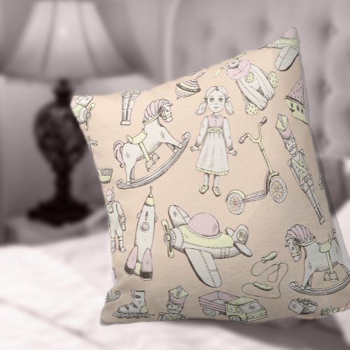 Vintage Toy Pattern PinkYellow ID783 Throw Pillow