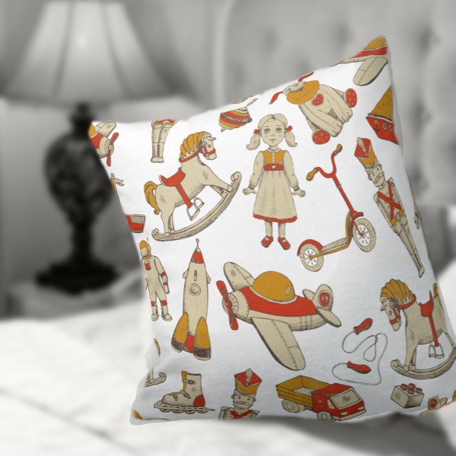 Vintage Toy Pattern Red/Gold ID783 Throw Pillow (Creator Uploaded)