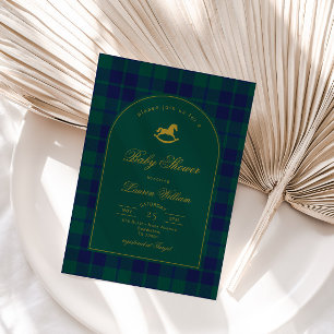 Vintage Toy Preppy Plaid Luxury Gold Baby Shower Invitation