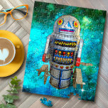 Vintage Toy Robot Retro Turquoise Galaxy Cute Cool Jigsaw Puzzle<br><div class="desc">I love cute, retro faces on vintage, childhood metal toy wind-up robots. Here’s one of my favorites, set against a turquoise blue bubble galaxy sky. Send some quality time working on this cool, cute, fun, colorful, photo illustration, jigsaw puzzle. Makes a great gift for someone special! Choose from five different...</div>