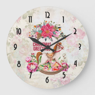 Vintage Toy Rocking Horse & Poinsettias Large Clock