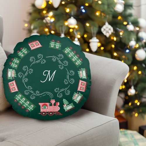 Vintage Toy Train Christmas Tree Delivery Monogram Round Pillow